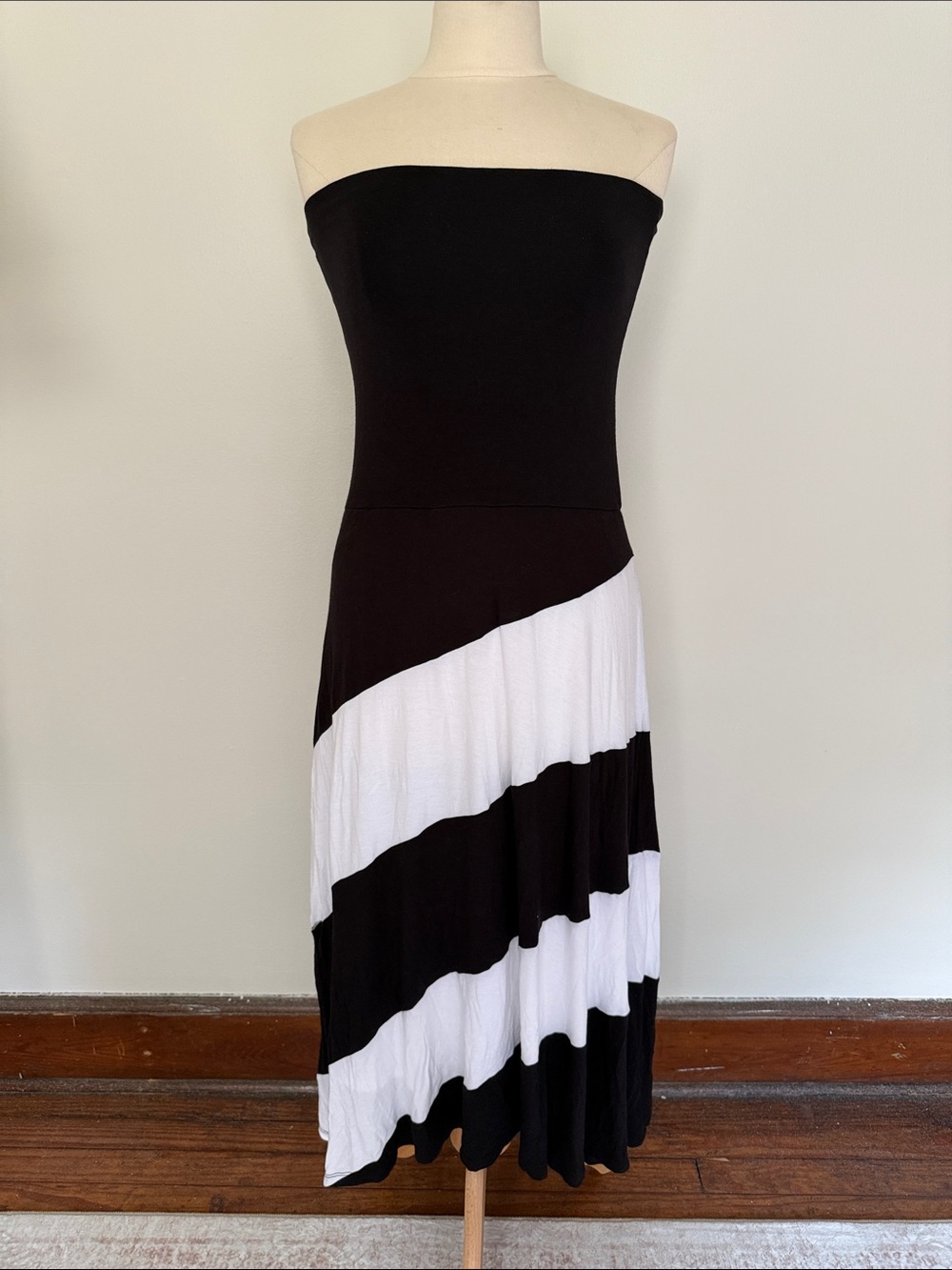 Off-Shoulder Black Bodice with Bold Black & White Striped Maxi Skirt